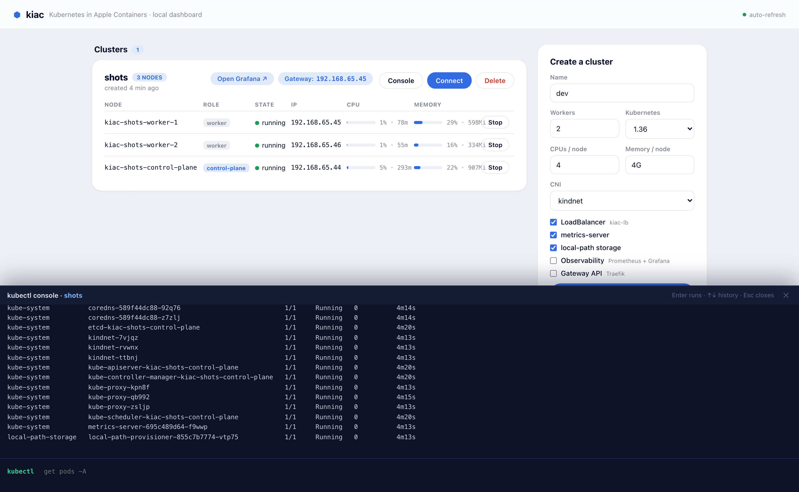 The embedded kubectl console