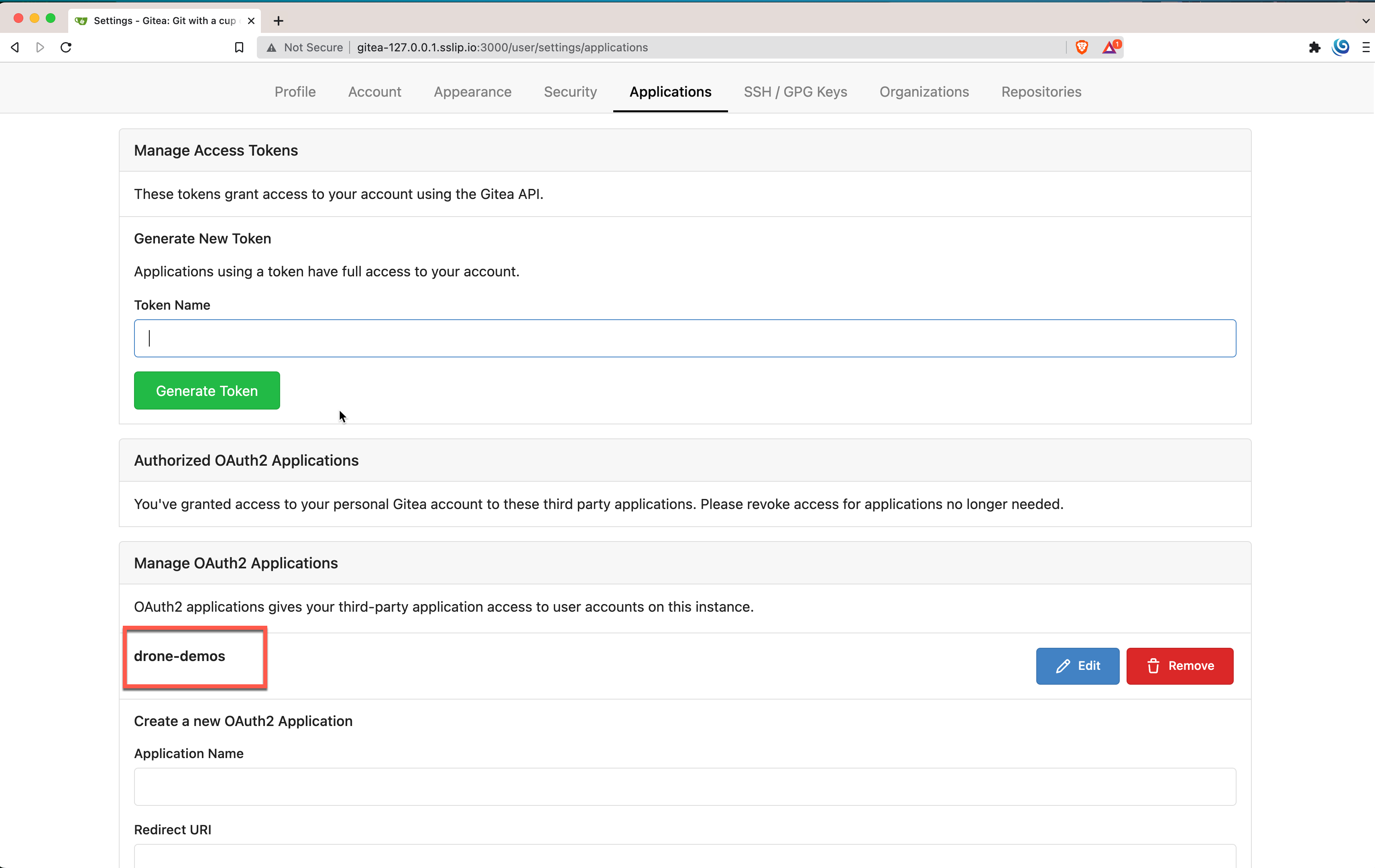 Drone Gitea oAuth2 Application